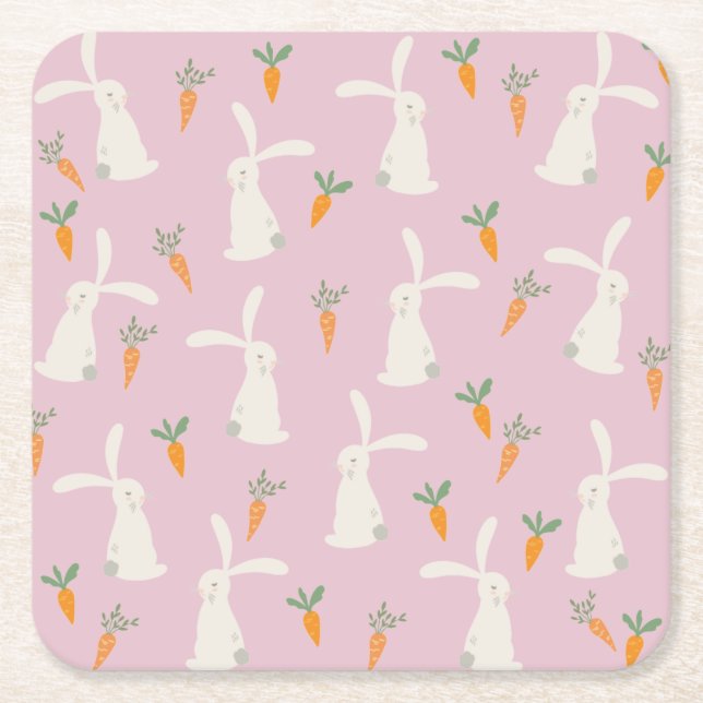 Cute Rabbit Carrot Mönster Underlägg Papper Kvadrat (Framsidan)