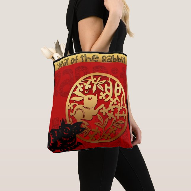 Cute Rabbit China Year Zodiac Birthday Tote Bag Tygkasse (Närbild)