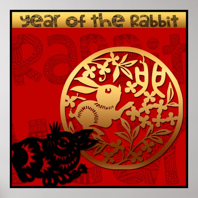 Cute Rabbit Chinese New Year Zodiac Birthday 40x40 Poster (Framsidan)