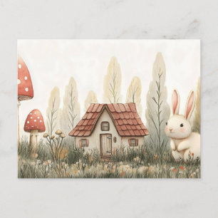 Cute Rabbit, Cottage, Mushroom Fairy Tale Art Vykort