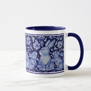 Cute Rabbit Family Blue White Delft Dedham Mugg