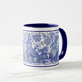 Cute Rabbit Family Blue White Delft Dedham Mugg