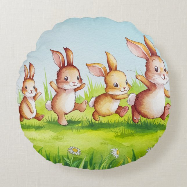 Cute Rabbit Family Pillow Rund Kudde (Framsidan)