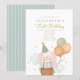 Cute Rabbit First Birthday 1 Birthday Inbjudningar