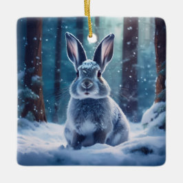 Cute Rabbit i Snö täckte skogskeramiskt Ornam Julgransprydnad Keramik