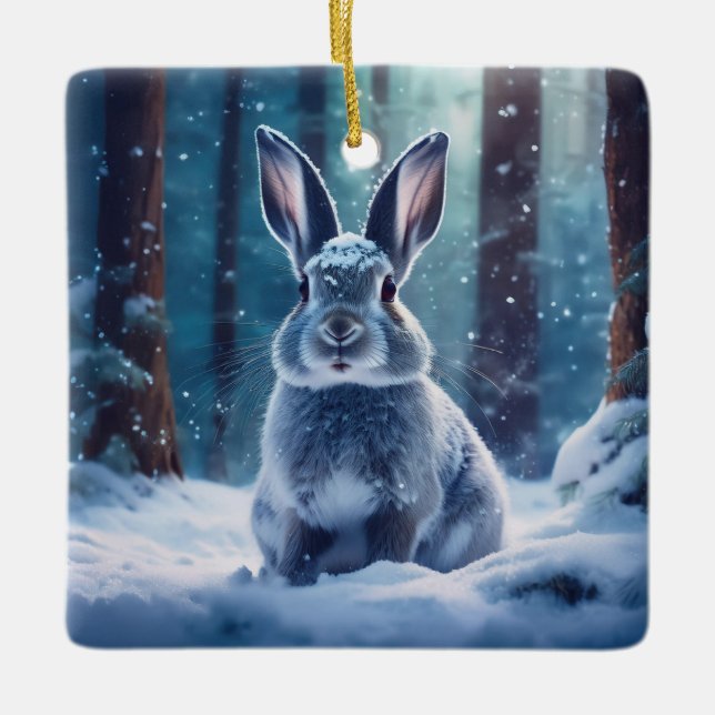 Cute Rabbit i Snö täckte skogskeramiskt Ornam Julgransprydnad Keramik (Framsida)