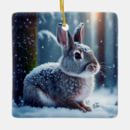 Cute Rabbit i Snö täckte skogskeramiskt Ornam Julgransprydnad Keramik