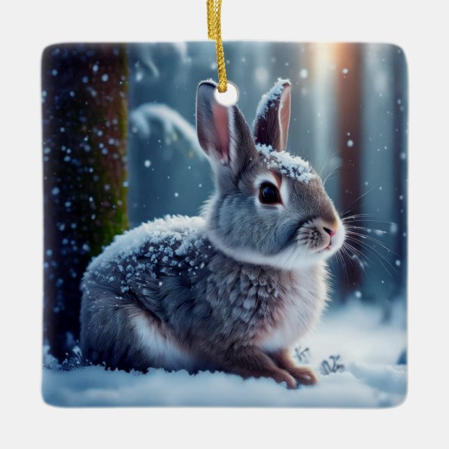 Cute Rabbit i Snö täckte skogskeramiskt Ornam Julgransprydnad Keramik (Framsida)