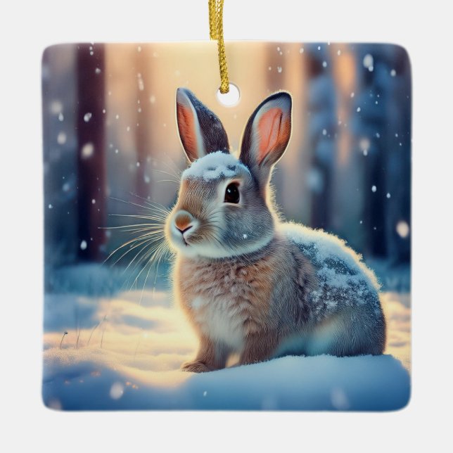 Cute Rabbit i Snö täckte skogskeramiskt Ornam Julgransprydnad Keramik (Framsida)
