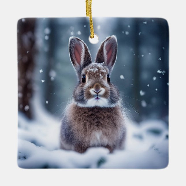 Cute Rabbit i Snö täckte skogskeramiskt Ornam Julgransprydnad Keramik (Framsida)