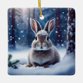 Cute Rabbit i Snö täckte skogskeramiskt Ornam Julgransprydnad Keramik