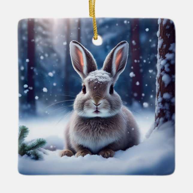 Cute Rabbit i Snö täckte skogskeramiskt Ornam Julgransprydnad Keramik (Framsida)
