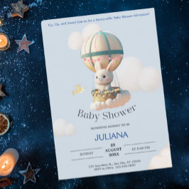Cute Rabbit in Luftballong Blue Baby Shower Inbjudningar