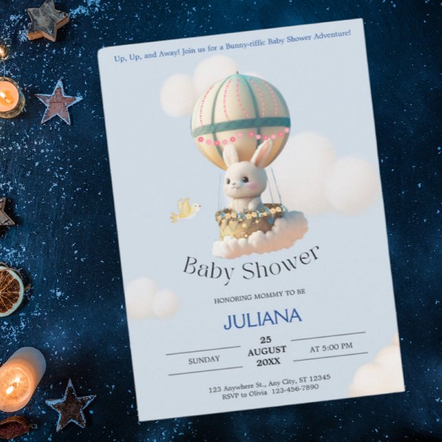 Cute Rabbit in Luftballong Blue Baby Shower Inbjudningar (Skapare uppladdad)