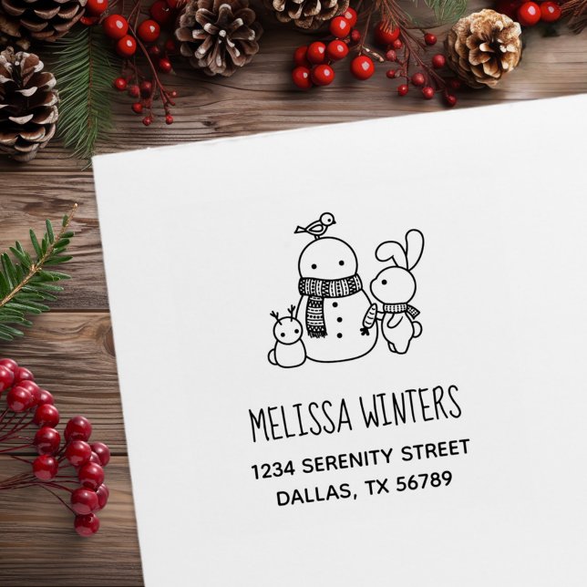 Cute Rabbit Lägger till morot i Snögubbe Adress Stämpel (Skapare uppladdad)