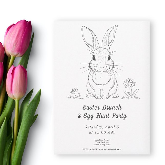 Cute Rabbit Line Art - Påskägg Hunt-inbjudan Inbjudningar (Cute Rabbit Line Art - Easter Egg Hunt Invitation)
