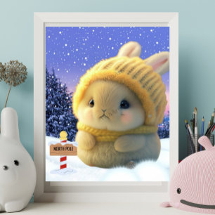 Cute Rabbit med gult sticka hat och scarf i snö Poster