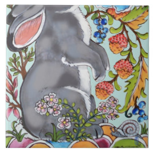 Cute Rabbit Mural Blommigt Aqua Bkgrd Grund halv Kakelplatta