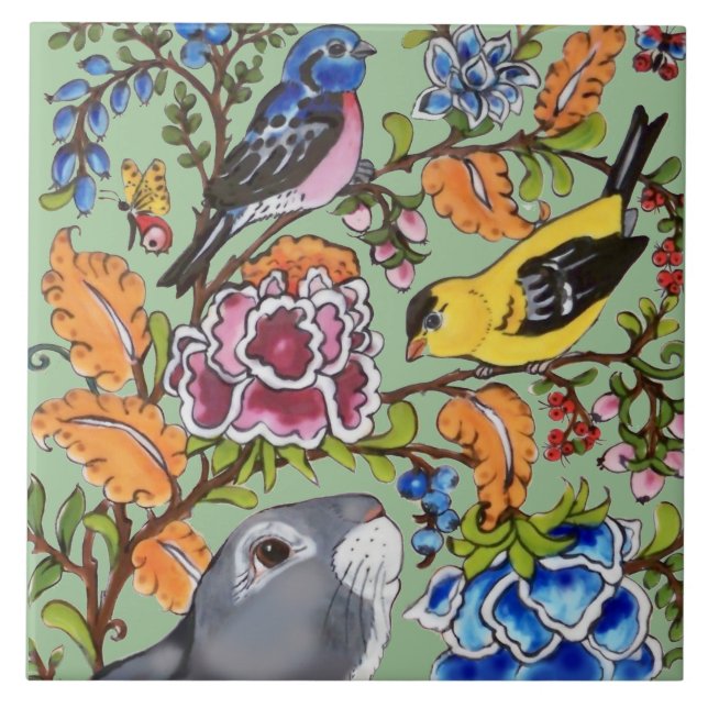 Cute Rabbit Mural Blommigt Grönt Bkgrd Top Hald Kakelplatta (Framsidan)