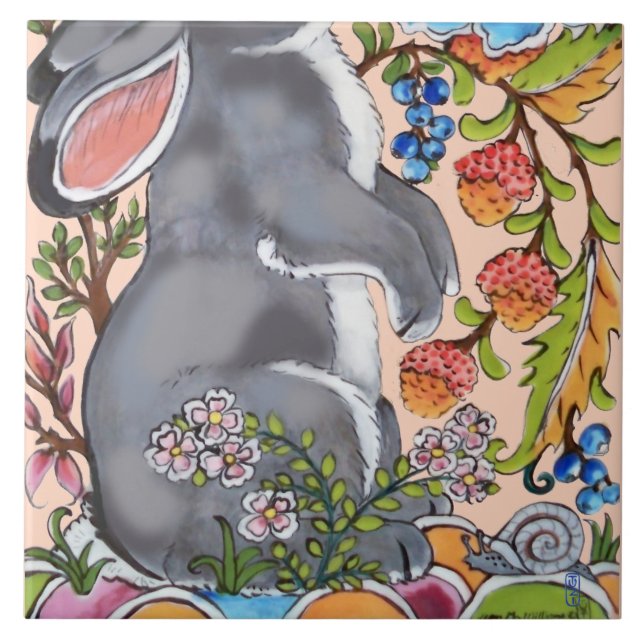 Cute Rabbit Mural Blommigt Rosa Bkgrd Grund halv   Kakelplatta (Framsidan)