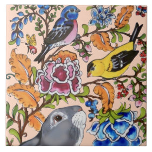 Cute Rabbit Mural Blommigt Rosa Bkgrd Top Hald Kakelplatta