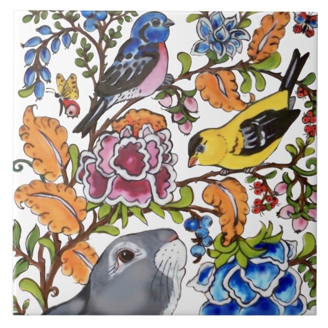 Cute Rabbit Mural Blommigt Vit BKGG Top HalCer Kakelplatta (Framsidan)