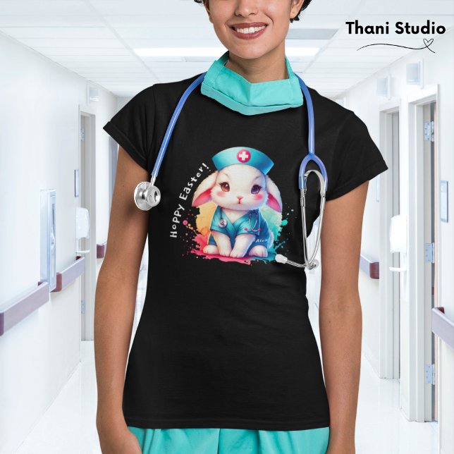 Cute Rabbit Nurse Hoppy Påsk & Custom Name Black T Shirt (Skapare uppladdad)