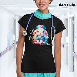 Cute Rabbit Nurse Hoppy Påsk & Custom Name Black T Shirt