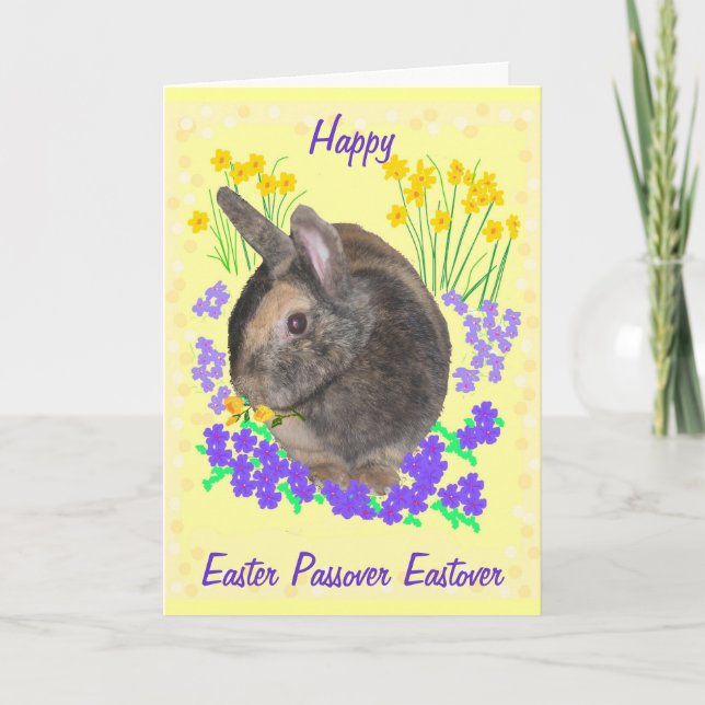 Cute Rabbit och blommor Påsk, Passover, Eastover Helgkort (Framsida)
