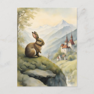 Cute Rabbit och Mystical Castle i bergen Vykort