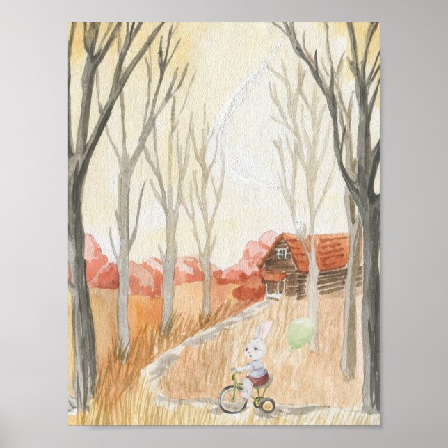 Cute Rabbit on A Bike With A Balloon Nursery Poster (Framsidan)