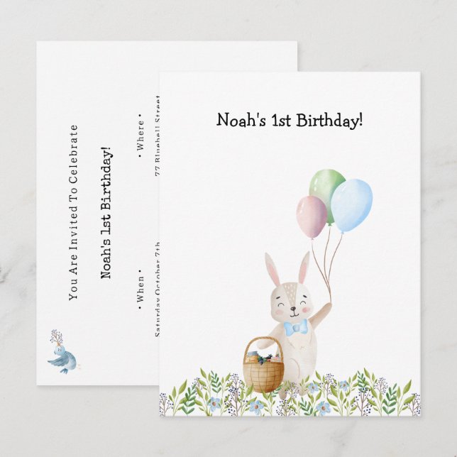 Cute Rabbit On A Picnic With Balloons Invitation Vykort (Fram/baksida)