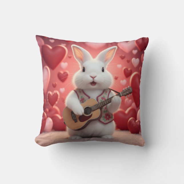 Cute Rabbit Playing Guitar For Love Kudde (Framsida)