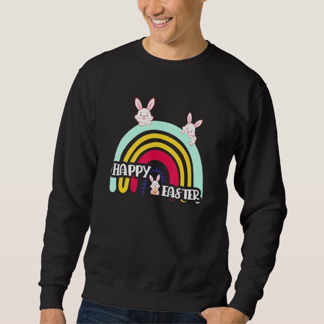 Cute Rabbit Rainbow Påskägg Bunny Glad påsk Lång Ärmad Tröja (Framsida)