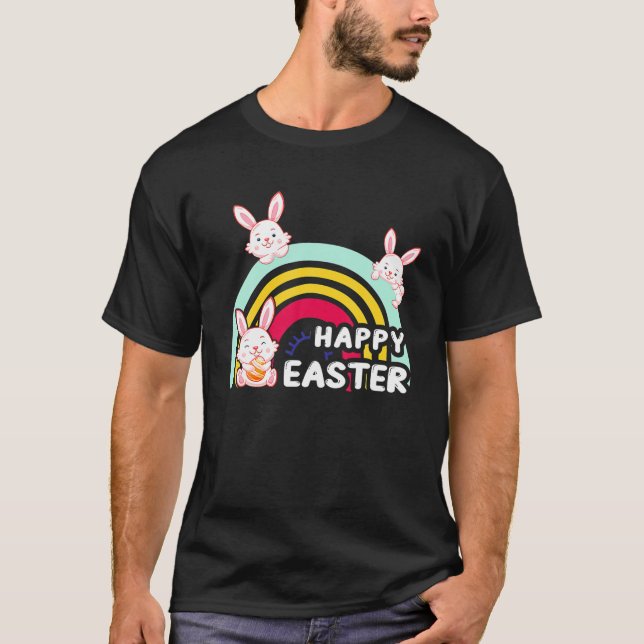 Cute Rabbit Rainbow Påskägg Bunny Glad påsk T Shirt (Framsida)
