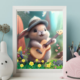 Cute Rabbit som spelar en Guitar i Garden of Flowe Poster
