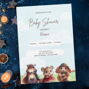 Cute Rabbit Squirrel Mouse Blue Baby Shower Inbjudningar
