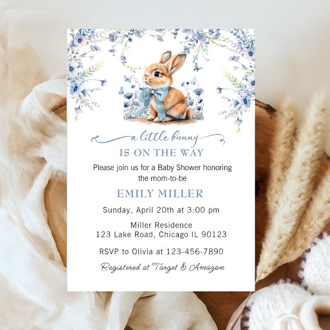 Cute Rabbit Wildblomma & Gingham Baby Shower Boy Inbjudningar (Skapare uppladdad)