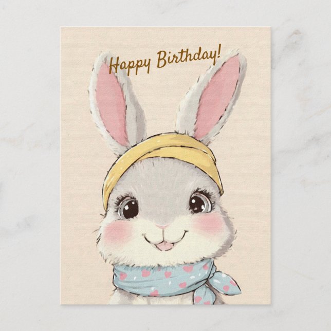 Cute Rabbit with Bandana Kids Birthday Invitation Vykort (Framsida)