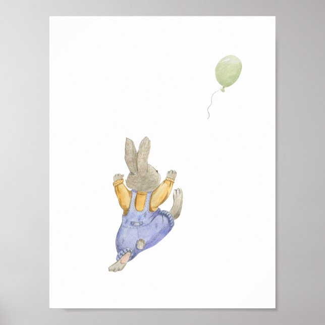 Cute Rabbit With Green Balloon Nursery Poster (Framsidan)