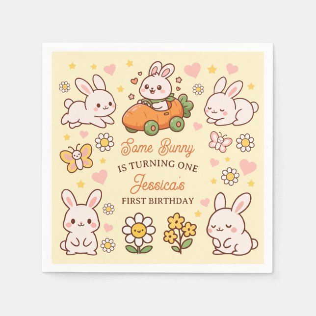 Cute Rabbits Floral Easter Kids' Birthday Party Pappersservett (Framsidan)