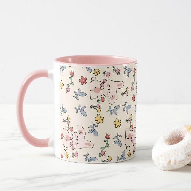 Cute Rabbits, Flowers and Löv Mugg (Med munk)