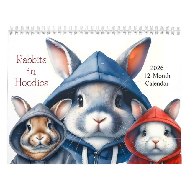 Cute Rabbits in Hoodies 2026 Calendar 12 Months Kalender (Omslag)