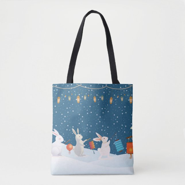 Cute Rabbits Lantern Parade Through Snow Christmas Tygkasse (Framsida)