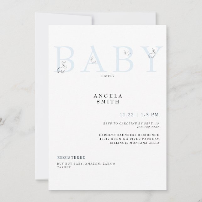 Cute Rabbits Light Blue Gingham Baby Shower Invita Inbjudningar (Framsida)