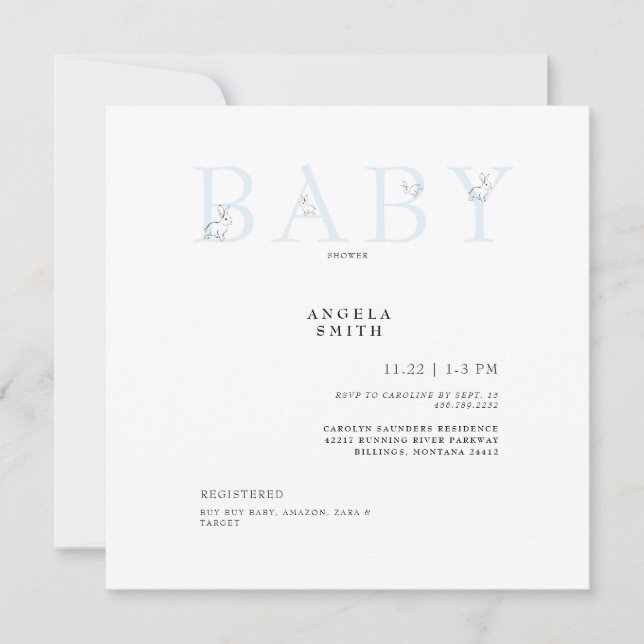 Cute Rabbits Light Blue Gingham Baby Shower Sq. Inbjudningar (Framsida)