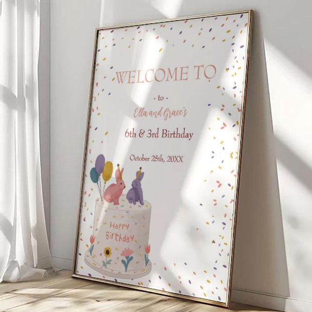 Cute Rabbits on Cake Joint Birthday Sister Welcome Poster (Skapare uppladdad)