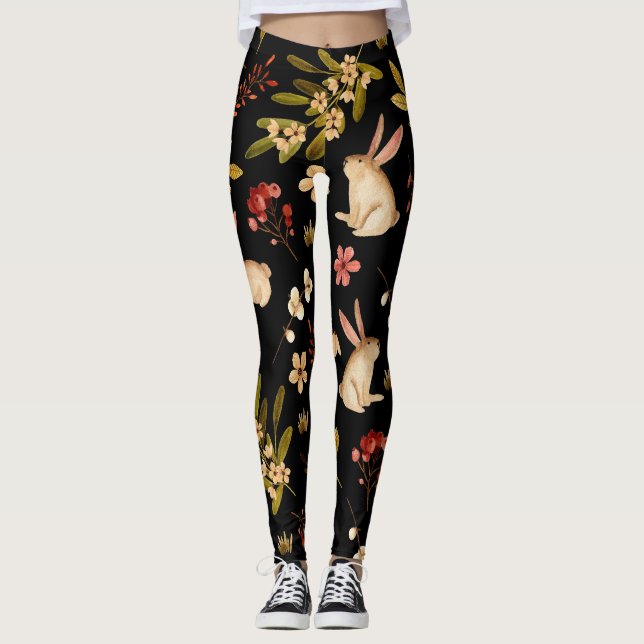 Cute Rabbits: Watercolor Hand Drawn Mönster Leggings (Framsida)
