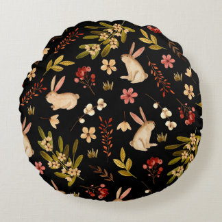 Cute Rabbits: Watercolor Hand Drawn Mönster Rund Kudde