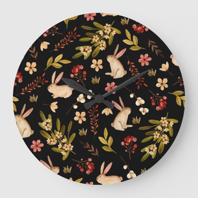 Cute Rabbits: Watercolor Hand Drawn Mönster Stor Klocka (Framsida)